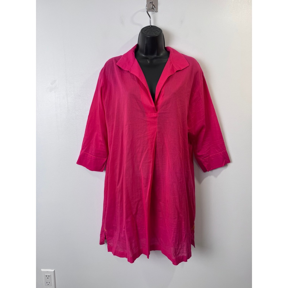 Asha Pink Cotton Dress V-Neck 3/4 Sleeve Tunic Cover Up Beachy Women L/XL
